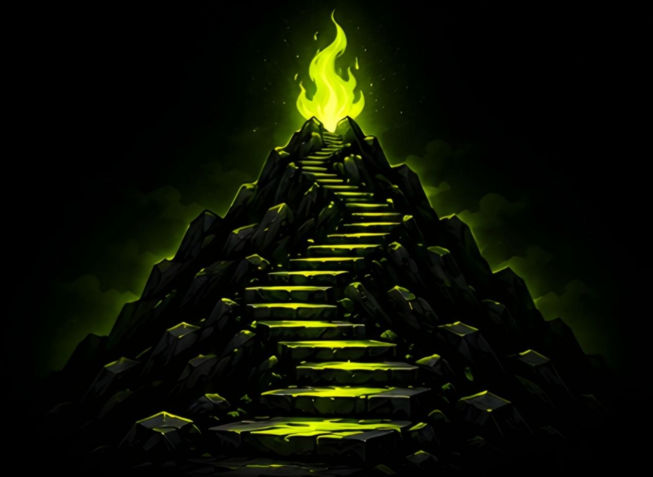 An ascending path to a summit flame